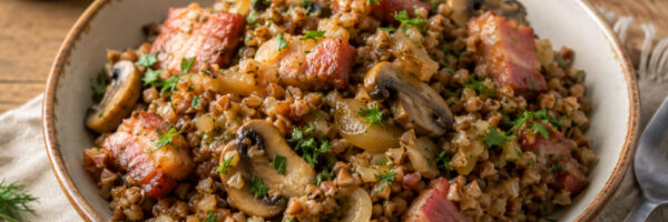 Гречка с грудинкой, грибами и луком