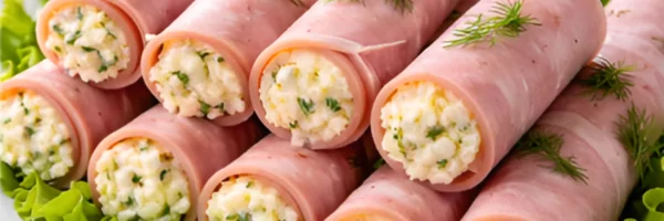 Рулетики из ветчины с сырной начинкой
